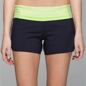 LULULEMON RUN TIMES SHORTS 4-WAY STRETCH NAVAL BLUE/CLEAR MINT (6)